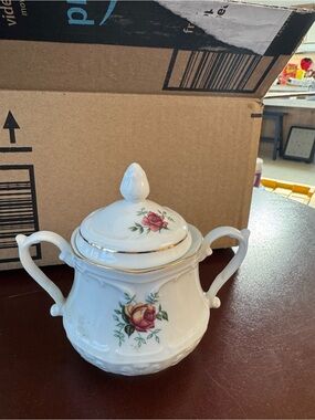 Porcelain Rose Sugar Bowl with Lid - White and Pink Floral